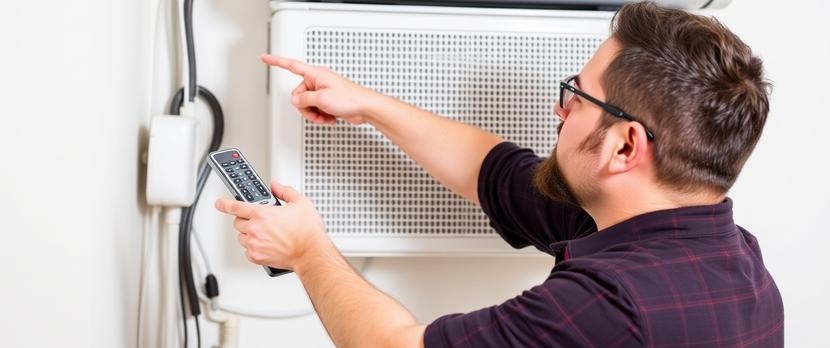 Man with an air conditioning remote control