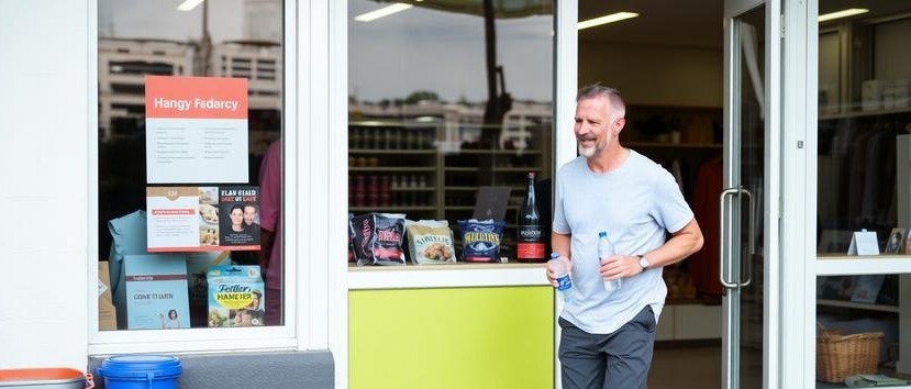 Man leaving a shop with water